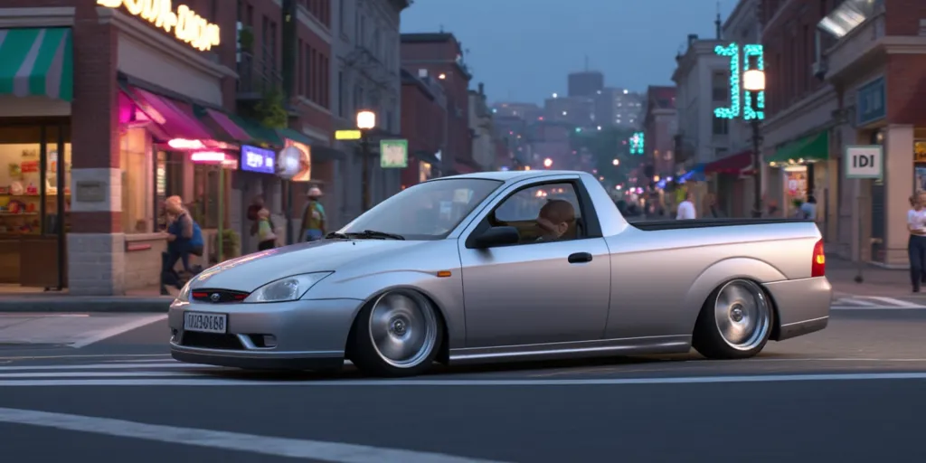 Illuminationstyle of silver 2002 Ford Focus bakkie in a city