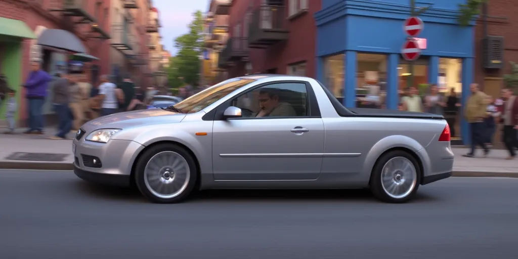 Illuminationstyle of silver 2006 Ford Focus bakkie in a city, European Ford Focus