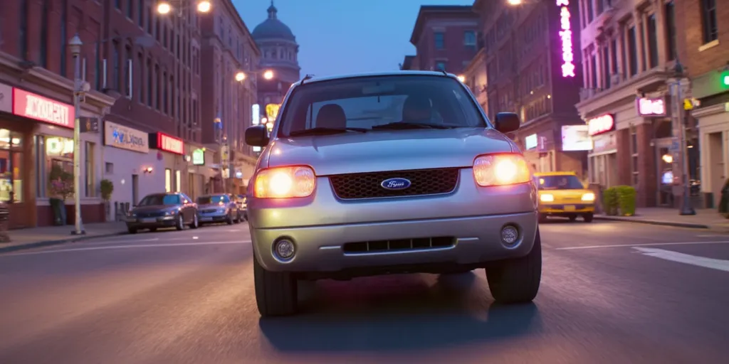Illuminationstyle of silver 2003 Ford Escape bakkie in a city, front view