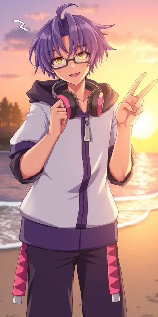 Loline Com, short purple hair, glasses, bright yellow eyes, 1boy, male, white hoodie with short sleeves and purple trims, black sleeves, 2 pink and dark pink belts hanging down on side, dark purple pants, black and white shoes, black and pink headphones, ((posing on the beach, peace sign, winking, smiling, happy, peaceful, sunset, sun setting,))