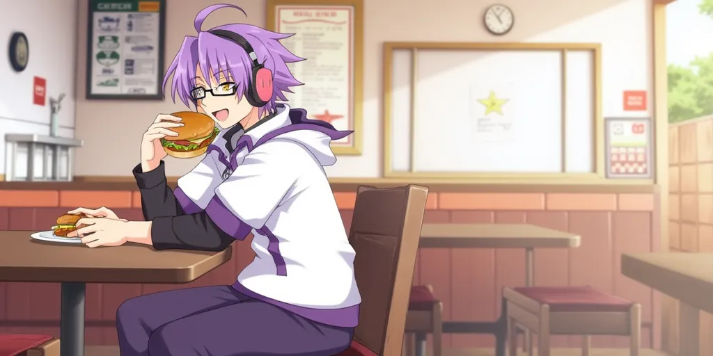 Loline Com, short purple hair, glasses, bright yellow eyes, 1boy, male, white hoodie with short sleeves and purple trims, black sleeves, 2 pink and dark pink belts hanging down on side, dark purple pants, black and white shoes, black and pink headphones, ((sitting at restaurant, eyes closed, eating burger, happy))