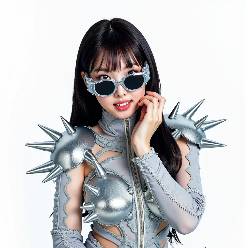 a zoom out photo of nayeon wearing a futuristic and metallic outfit that isnt made of fabric and is appropriate but is also cool looking. it is very spiky and silver. she has futuristic glasses which lens are black. she has black hair with nicely cut bangs. she is posing uniquely like a photoshoot. she has a white background.