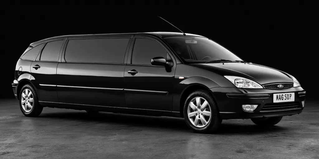 realistic, photorealistic, real-life, 2002 Ford Focus limo, limousine, studio background