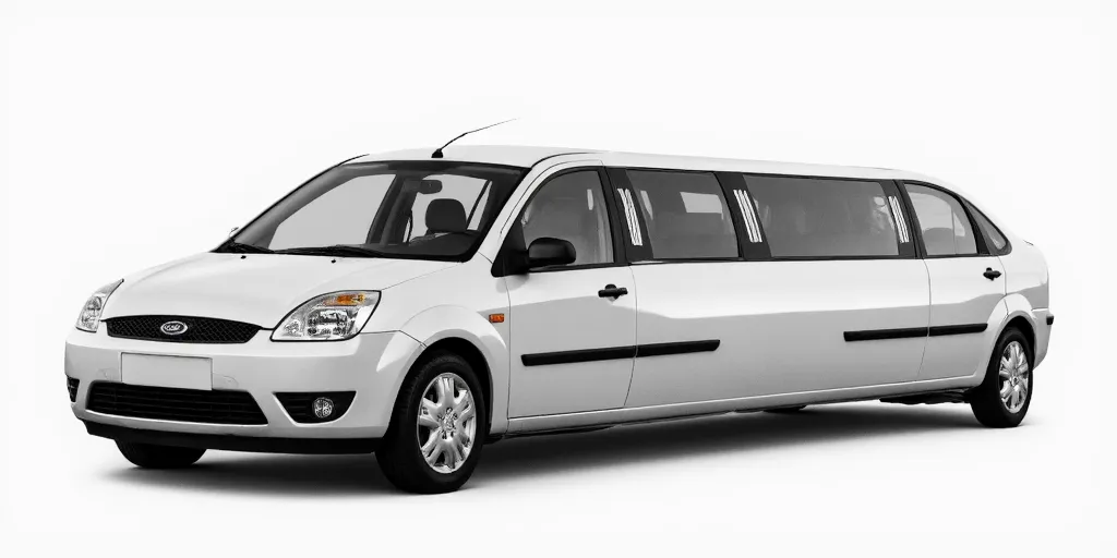 realistic, photorealistic, real-life, 2006 Ford Fiesta limo, limousine, studio background