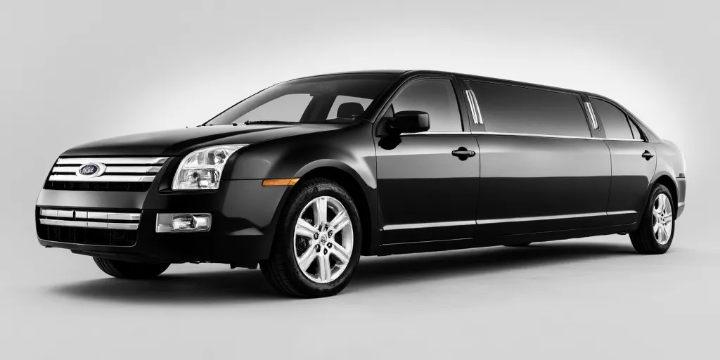 realistic, photorealistic, real-life, 2007 Ford Fusion limo, limousine, studio background