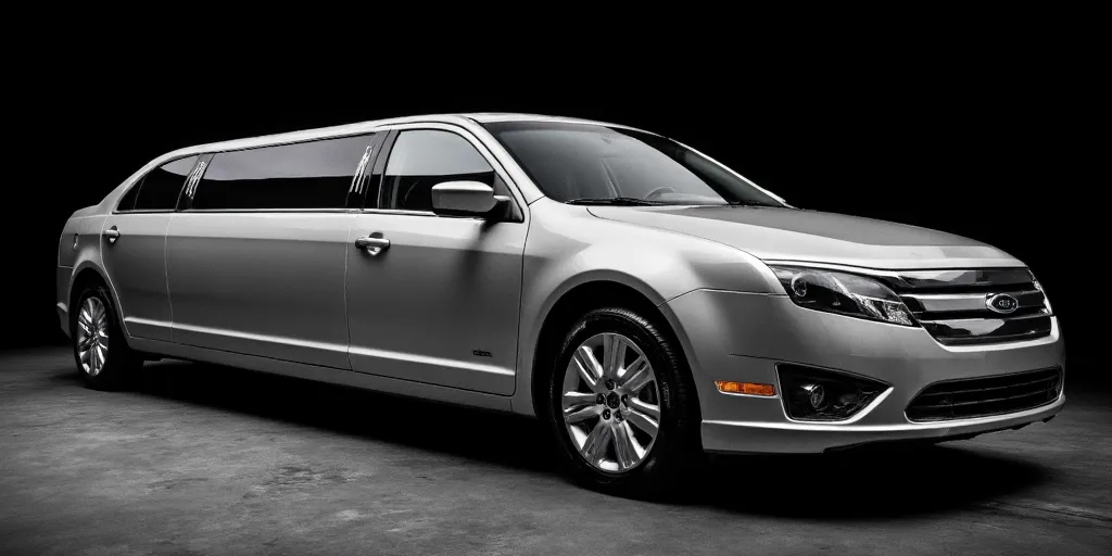 realistic, photorealistic, real-life, 2011 Ford Fusion limo, limousine, studio background