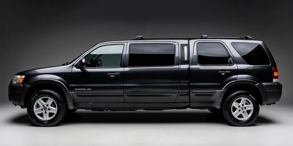 realistic, photorealistic, real-life, 2003 Ford Escape limo, limousine, studio background