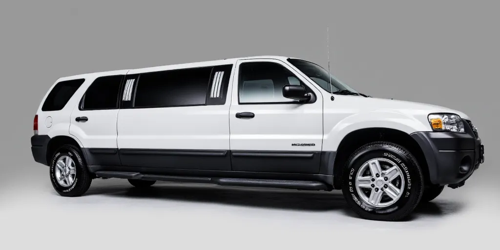 realistic, photorealistic, real-life, 2003 Ford Escape limo, limousine, studio background