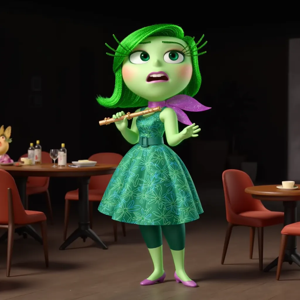 disgustinsideout, light green skin, green hair, pink blush, bucktooth, green eyes, long eyelashes, pink lipstick, emerald green dress with floral pattern and green belt, dark green leggings, purple shoes, purple scarf, animatronic, holding flute, dark restaurant