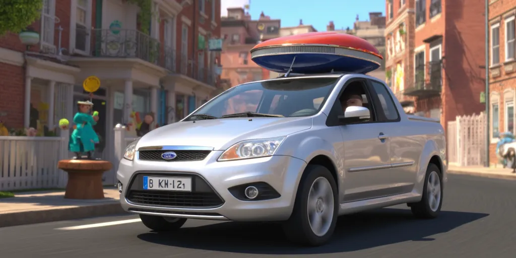 Illuminationstyle screencap of silver 2008 Ford C-Max bakkie in a city