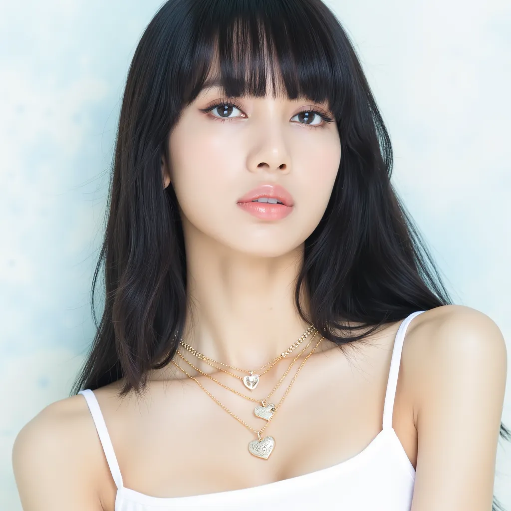 A teaser photo like IVE's second Japanese EP shows lisa with long, dark hair and a gentle expression. She is wearing a white spaghetti strap top and layered gold necklaces with heart-shaped pendants. The background is a soft white with baby blue.
