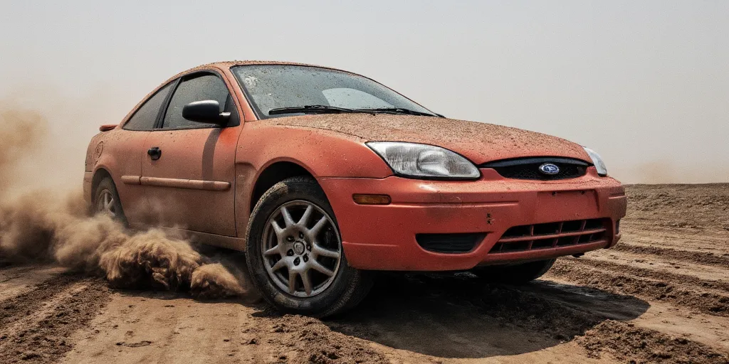 realistic, photorealistic, real-life, 2002 Ford coupe covered in dirt, off road