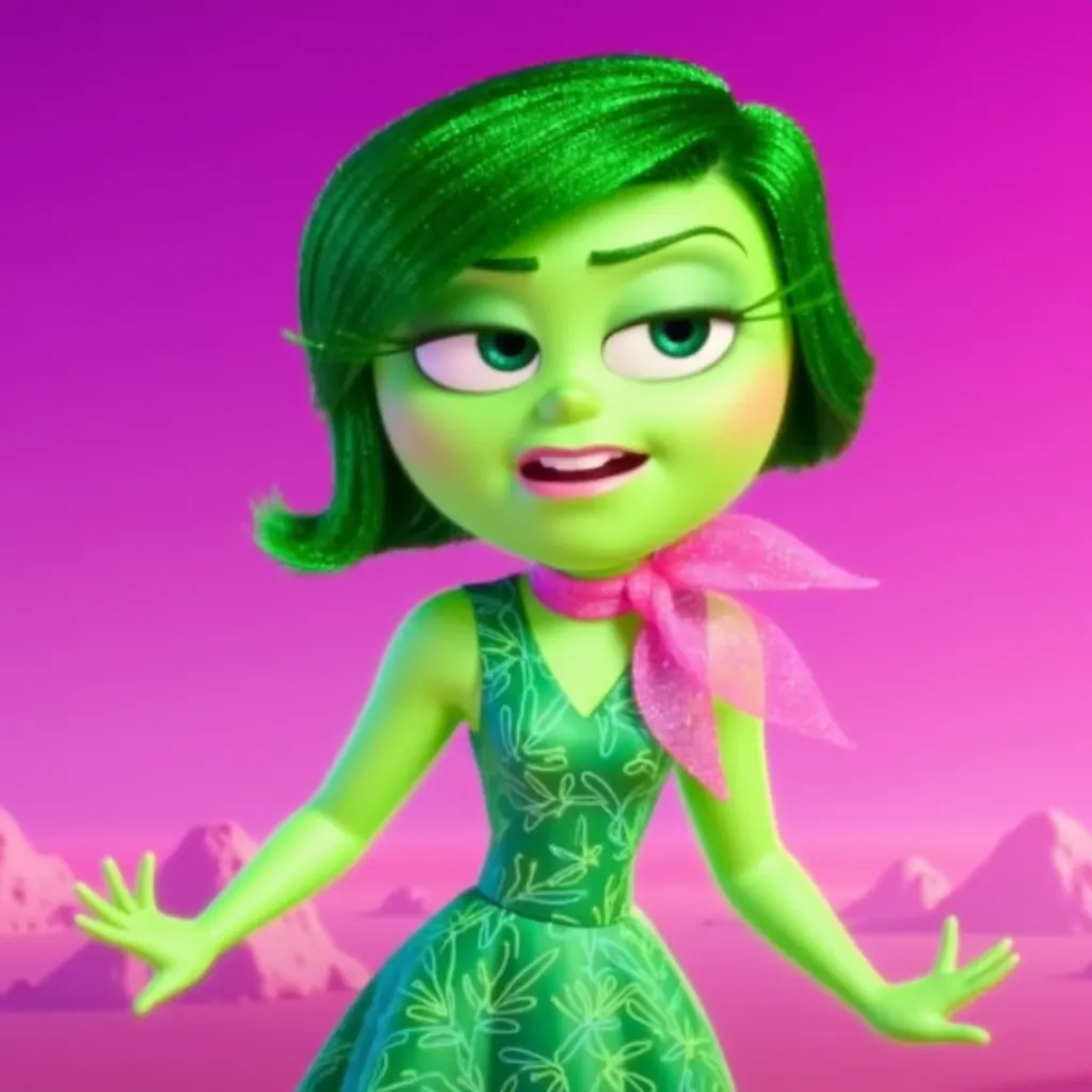 A character from the animated movie "Inside Out" named Disgust. She is depicted with bright green skin and short, green hair. She is wearing a green dress with an intricate swirl design and has a pink scarf around her neck. The background features pink and purple tones.
