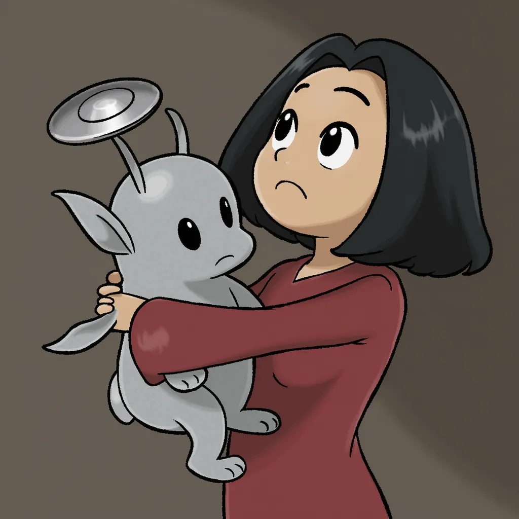 She holds a plush of a sprunki named Clukr. Clukr has grey skin and an antenna with two hooks on the end, with a silver cymbal upon the top of his head. He also seems to be looking up at the cymbal above his head.