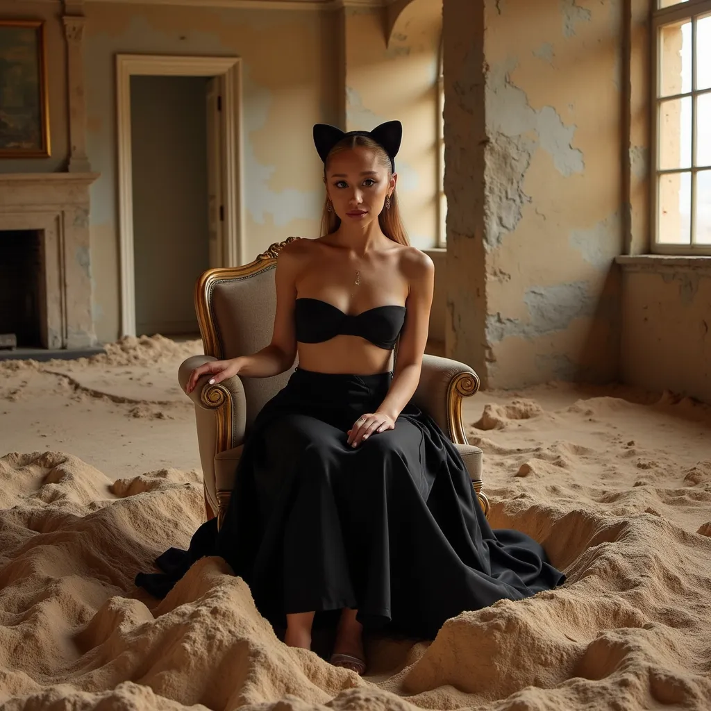 Ariana Grande, aributera, black bra, black mid length skirt, cat ear headband, in abandoned castle, warm colors, sat on luxury chair dug in sand