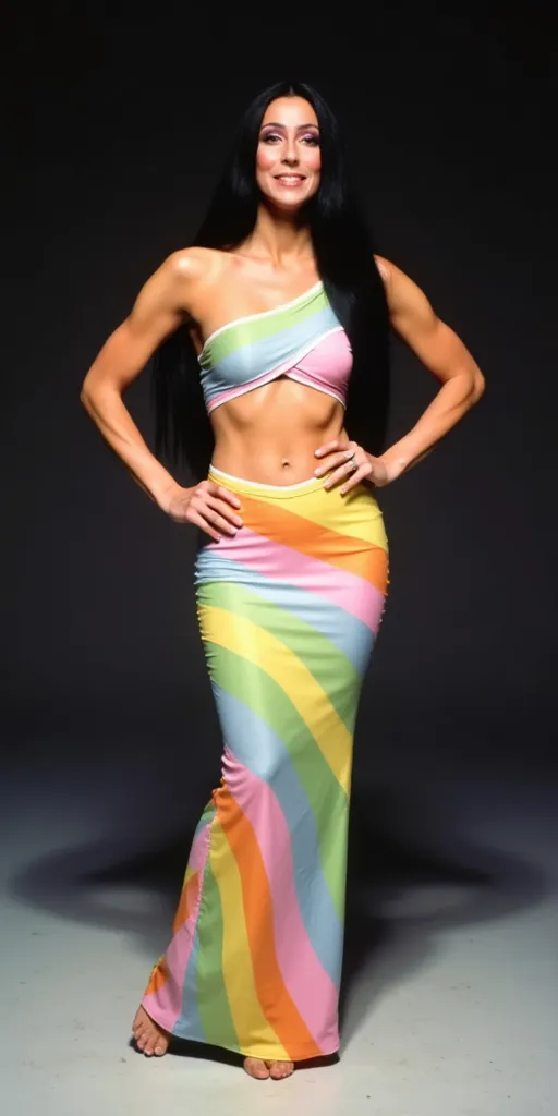Cher  with his head tilted up, throwing her long straight black hair back, caught in motion.  strikes a natural pose with one hand near her top and the other on her waist, exuding a sense of joy and spontaneity. Dressed in two-piece outfit, rainbow in pastel colors top with diagonal stripes that shows her belly button and arms, and a long rainbow in pastel colors kari skirt V cut below the belly button , wraps around the body in a sleek, form-fitting design, that shows her belly button and arms, under the light of a spotlight, inspired by Richard Avedon.