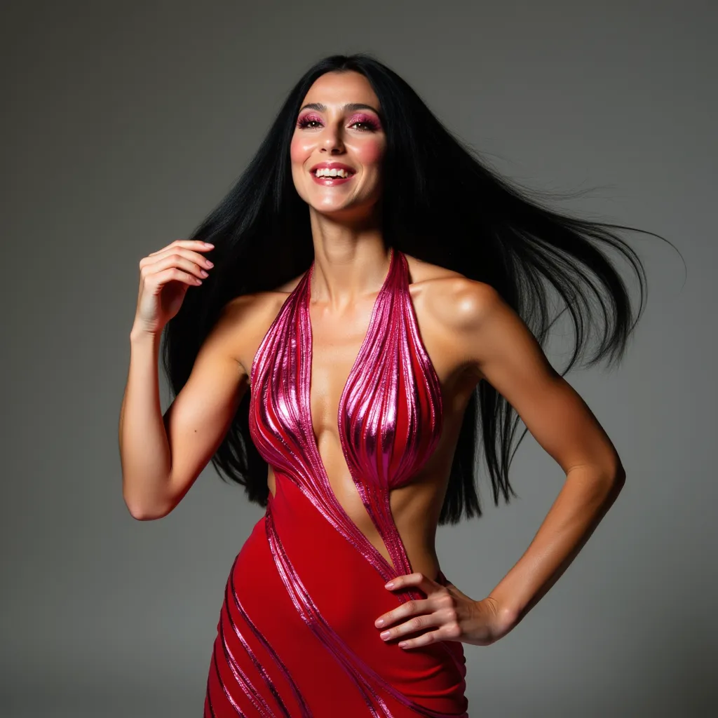 wyl Cher  with his head tilted up, throwing her long straight black hair back, caught in motion.  strikes a natural pose with one hand near her top and the other on her waist, exuding a sense of joy and spontaneity, dressed in a sheer, in a form-fitting red halter dress with metallic pink and silver stripes, The strap of the dress resembles flames with four points, creating a bold, glamorous effect. The dress has a deep neckline and cutouts along the sides, giving it an asymmetrical, daring design. She stands with her hair blown back as if in motion. The scene captures a relaxed and carefree vibe, with soft lighting highlighting her facial features and hair, giving the portrait an elegant yet casual look, high resolution, studio lighting, dramatic posing, (attention to detail:1.2), (high contrast:1.3). 