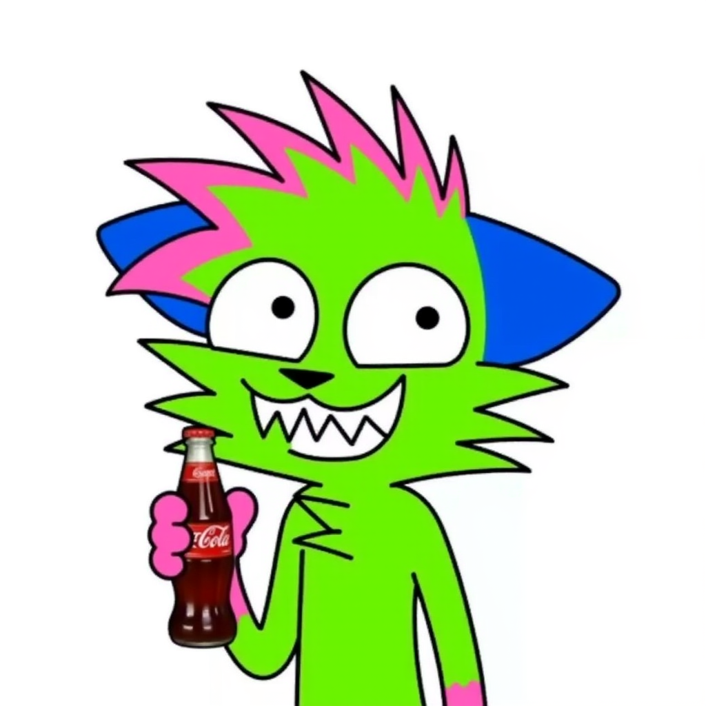 Kevin (nyanwolf), a vibrant and cartoonish character with bright green fur, pink accents on the head and paws, and blue triangular ears, is animated holding a bottle of Coca-Cola in one hand. He has large, round expressive eyes and a mischievous grin showcasing exaggerated sharp teeth. The simplistic art style features bold outlines and solid colors, giving a whimsical and playful vibe. The background is plain white, emphasizing the energetic and humorous nature of Kevin (nyanwolf) in his animated form.