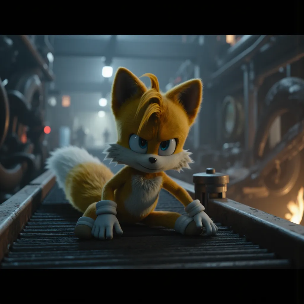 1 tails the fox(sonic movie), 1 human girl,  in a dark factory. Human Girl lies  on the conveyor belt. Tails the fox(sonic movie) rides on a human girl as if  the human girl acts like a motorcycle. The human girls waistline is the seat. The face is the lights.