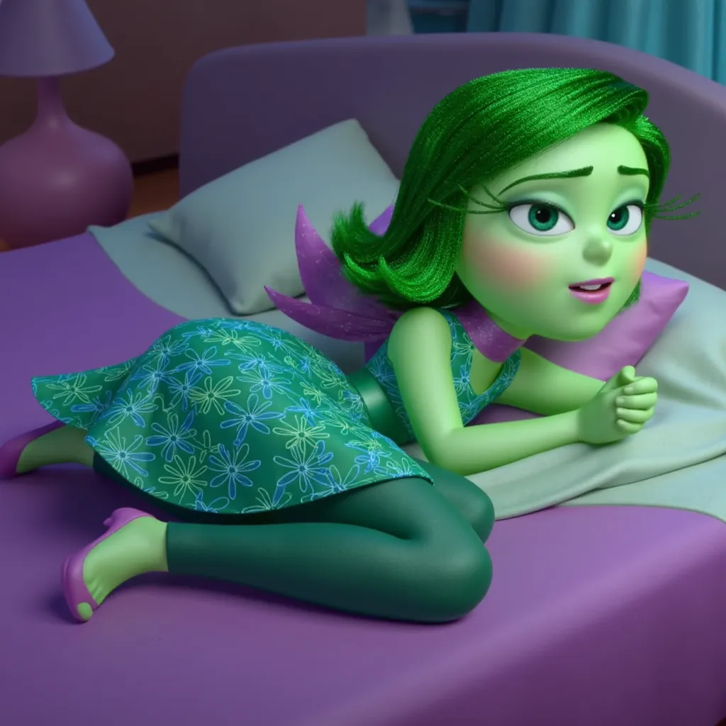  disgustinsideout, fuzzy, light green skin, green hair, pink blush, bucktooth, green eyes, long eyelashes, pink lipstick, emerald green dress with floral pattern and green belt, dark green leggings, purple shoes, purple scarf, Laying in bed sleeping