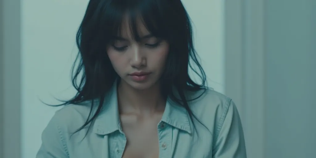 A close-up of a lisa walking slowly, with a restless and thoughtful expression. She is dressed in a light sky-blue or white outfit, moving through a minimalistic, empty room with cold, soft lighting. The focus is on her upper body and face as she walks, capturing her gaze slightly downward and her expression of quiet sadness and confusion. Subtle shadows surround her, enhancing the feeling of isolation and emotional distance. The background shows light gray or white walls with no furniture, emphasizing the emptiness. The atmosphere is quiet, cold, and introspective, conveying her inner turmoil