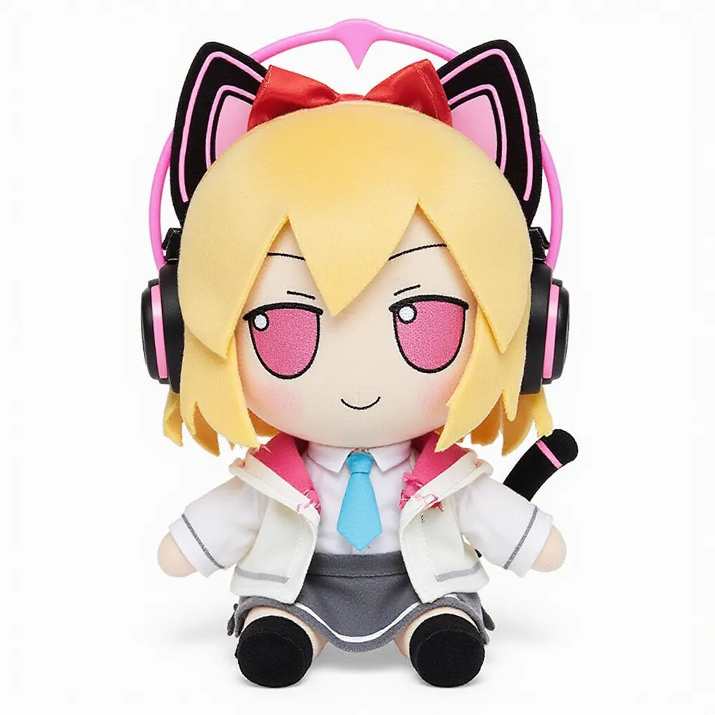 A Fumo plush doll of Saiba Momoi (Blue Archive), setting on the simple white background. She has pink eyes, blonde hair, short hair and bangs. She wears red hair bow, pink halo, black cat tail, pink neon cat ear headphones, white open jacket, sky blue necktie, white shirt, short dark grey skirt, and knee high socks. Her expression is playful, and smiles.