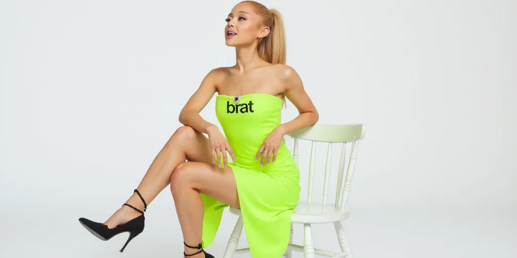 Ariana Grande, photoshoot, sitting down on a white wooden chair, wearing a neon green dress that says "brat."
