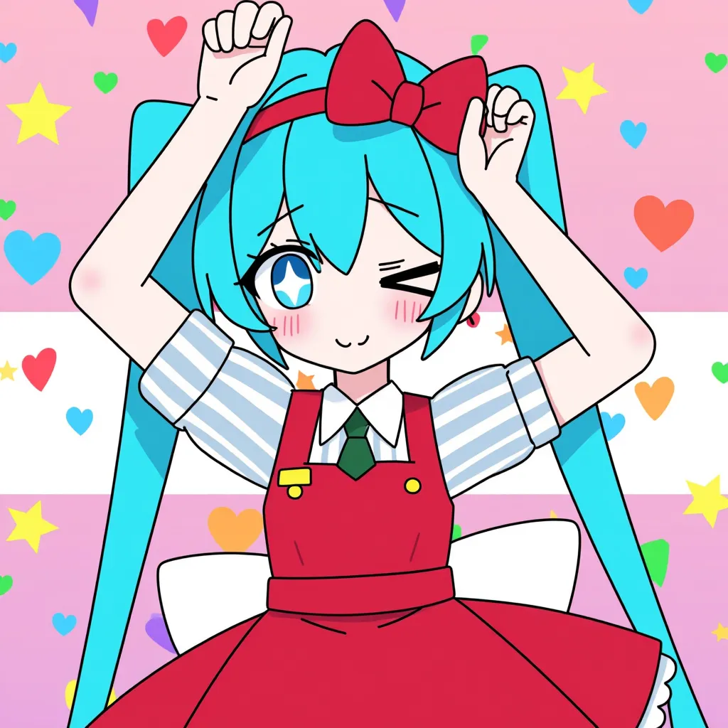 Mesmerizer-styled,Blue hair, red miku dress