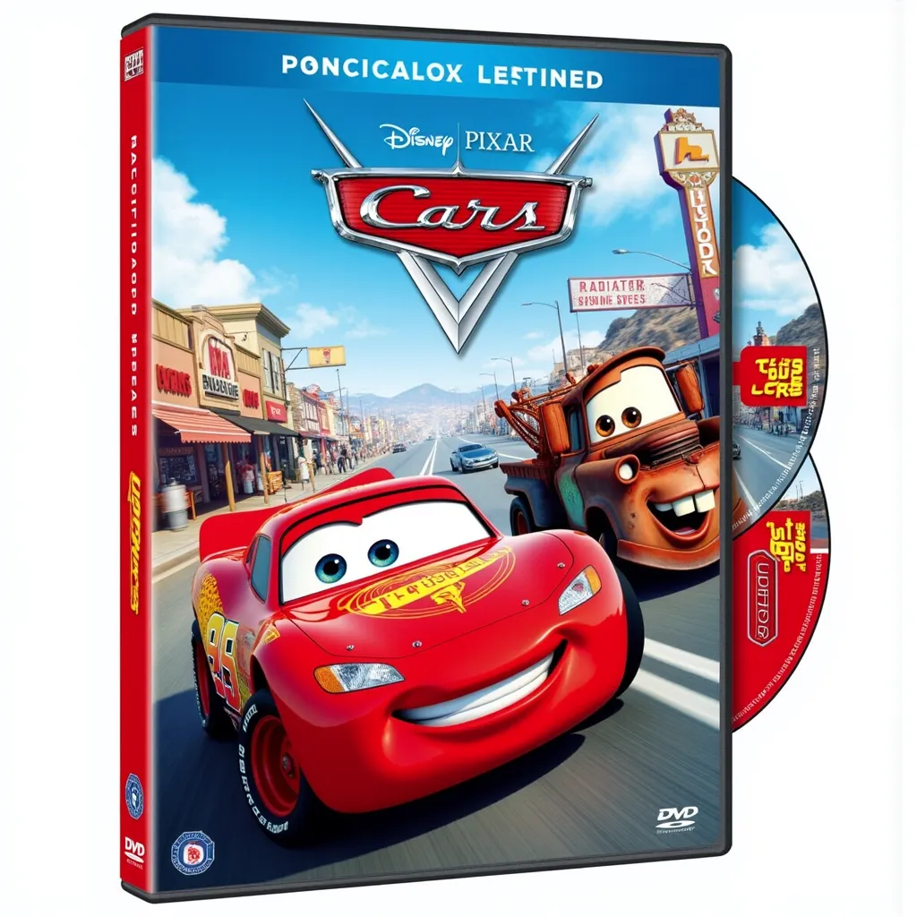 DVD cover design for Disney Pixar's Cars, digital illustration, vibrant colors; inspired by Disney's signature style and Pixar's animation aesthetic, featuring Lightning McQueen and Mater racing in Radiator Springs, surrounded by other iconic characters; panoramic view, 35mm lens, high angle view; intricate details, high resolution, professional lighting, (filmic:0.75), (artstation:1.2), (color splash:1.3).