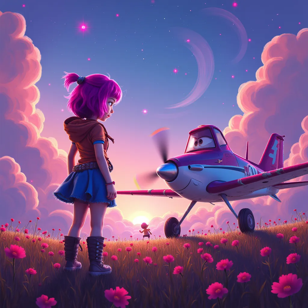 Ramona Flowers meeting Dusty Crophopper from Disney's Planes, digital illustration, comic book cover style, vibrant and fantastical setting in a whimsical meadow at dusk, steampunk and surrealism art styles, inspired by Bryan Lee O'Malley and Disney Animation Studios, colorful and dynamic composition with swirling clouds and glowing stars in the sky, Octane render, medium shot, wide angle lens, 8K resolution, vivid colors, atmospheric neon lighting, intricate details, (artstation:1.2), (imaginative:1.3).