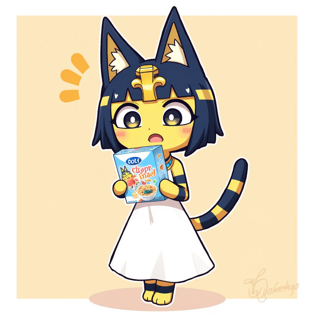 Ankha, an anthropomorphic cat with Egyptian-inspired design wearing a white dress, holding a cereal box