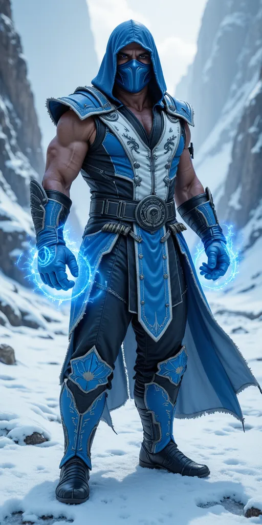 A full-body, highly detailed and realistic character in the style of Mortal Kombat. The image features a fierce male warrior dressed in an intricate blue and white leather battle outfit with elaborate patterns and engravings. His attire combines tactical armor with traditional martial arts elements, and his face is partially concealed by a mask, leaving only his intense eyes visible. He is stands in a powerful, battle-ready stance, His hands display neon blue magic. The background showcases a frozen battlefield covered in snow, with shimmering diamonds embedded in the icy terrain, reflecting the ambient light. A chilling mist swirls around him, enhancing the mystical and brutal essence of Mortal Kombat.