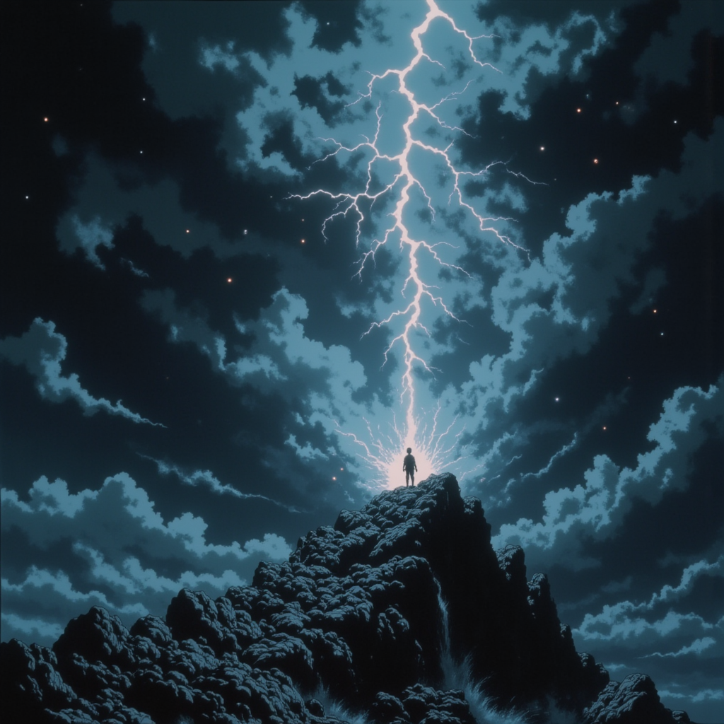A surreal, high-contrast scene capturing the dramatic impact of light on a darkened world — a lone figure stands atop a windswept ridge as a colossal beam of radiant light pierces the clouds above, casting sharp, dynamic shadows across the jagged terrain. The light interacts with the environment in impossible ways: bending, splitting, and igniting bursts of color across reflective surfaces. Floating particles shimmer in the beam, and distant structures seem to awaken under its touch. Hyper-realistic, cinematic composition, strong chiaroscuro, ethereal atmosphere.