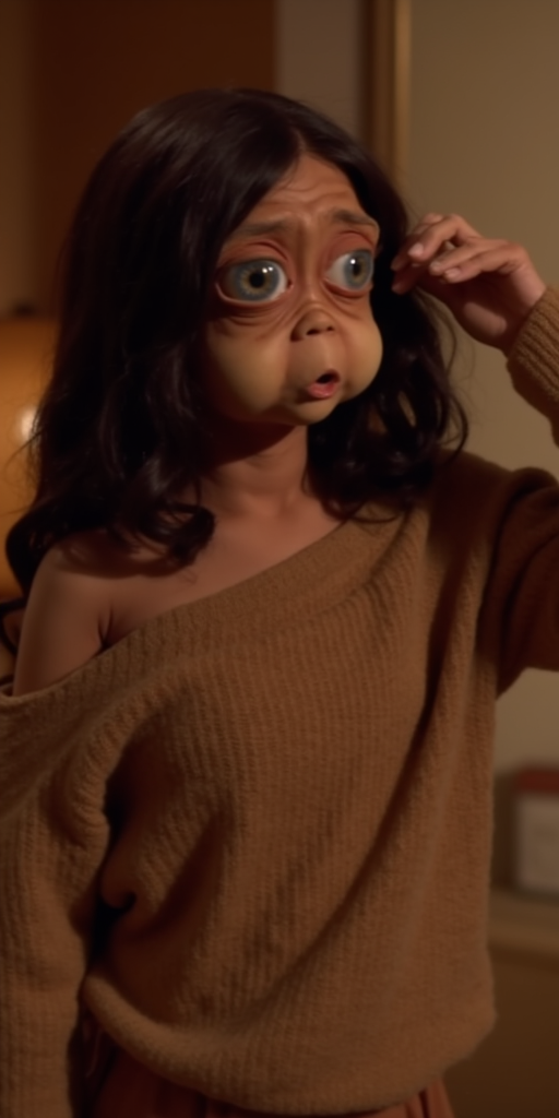 A woman Mac the alien with wavy dark brown hair, wearing an off-shoulder oversized brown knit sweater. She gazes softly toward the camera, slightly tilting her head, with her right hand gently brushing her hair. The lighting is warm, creating a cosy atmosphere.