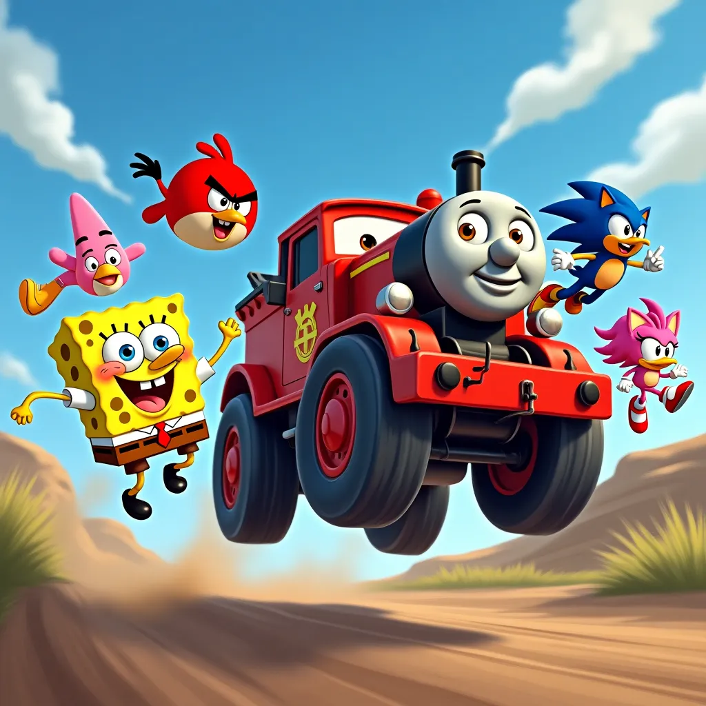 SpongeBob, Patrick, Sandy Cheeks, Angry Birds, Mater the Greater, Lightning Mcqueen the Greater, Thomas The Tank Engine, Lincoln Loud, Ronnie Anne, Sonic, Tails, Amy and Knuckles doing extreme sports.