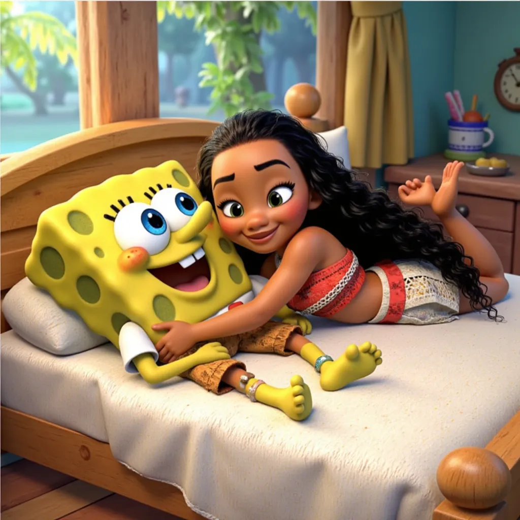 SpongeBob & Moana are laying down the bed hugging