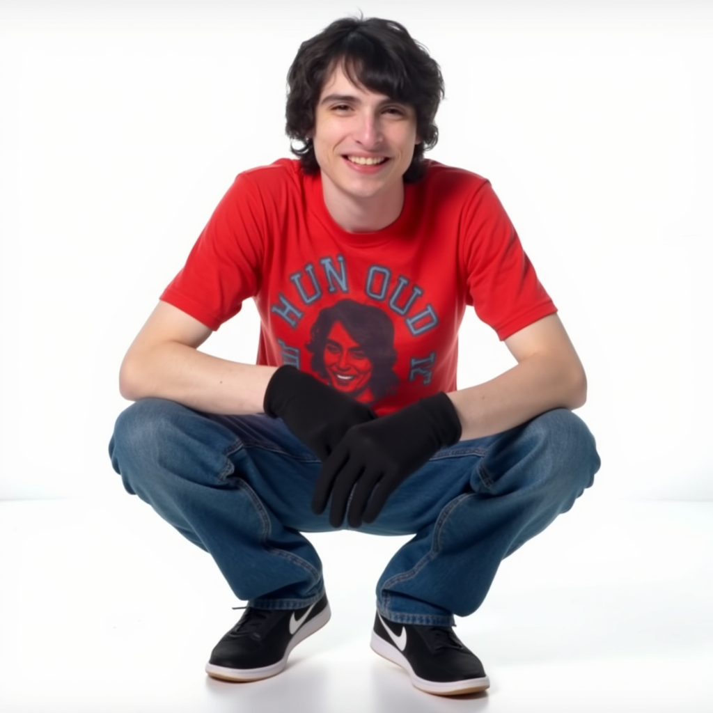 Finn Wolfhard with red graphic T-shirt black leather gloves blue jeans pants black Nike shoes Finn appears smiling in white background but photo in close-up view