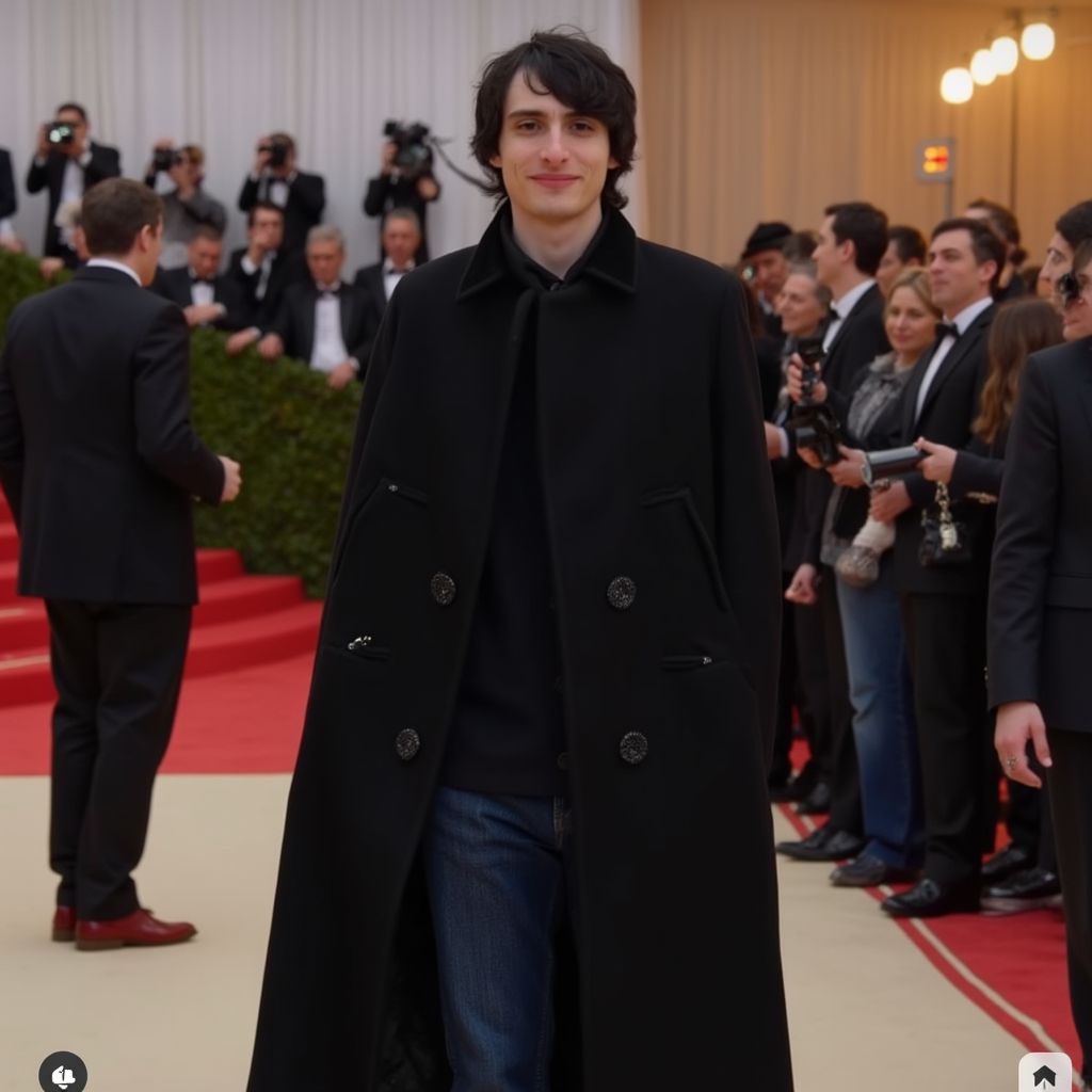 Finn Wolfhard  with longest black coat with bottons blue jeans pants red shoes black leather gloves Finn appears smiling and posing in Met Gala in London photo in close-up view
