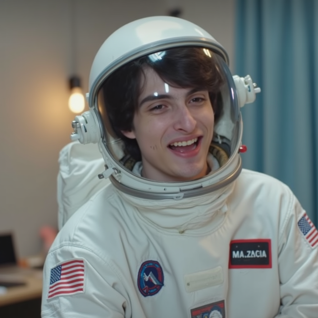 Finn Wolfhard  with white Astronaut clothes Finn appears singing happy with Astronaut Helmet on his head  in Astronaut room videoclip recorded in Los Angeles