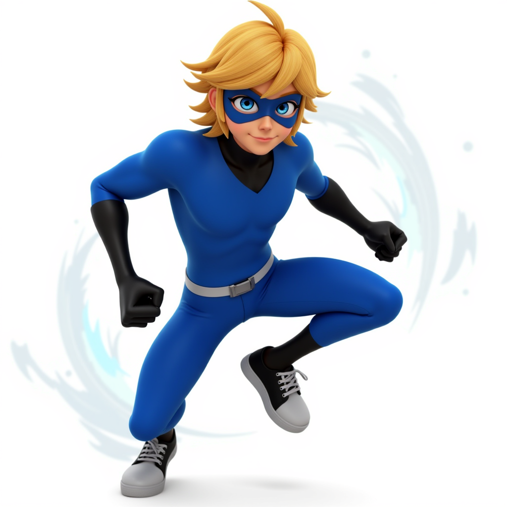 Curtis Bonjof with medium long blonde hair with fringe blue eyes blue mask blue Superhero uniform with T black gloves black shoes blue pants in white background in Hero pose
