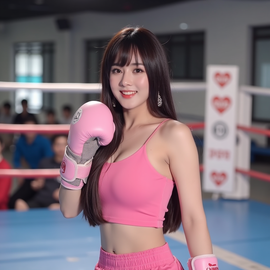 xjiemomo with straight long hair and bangs, wearing earrings, wearing pink tank top, wearing pink boxing trunks with white trims, wearing pink and white boxing gloves, wearing boxing shoes, boxing ring, smile, side profile photograph, realistic style, studio lighting, medium telephoto lens, high resolution, 8K detail, natural light, (sharp focus:1.2), (HDR:1.1).