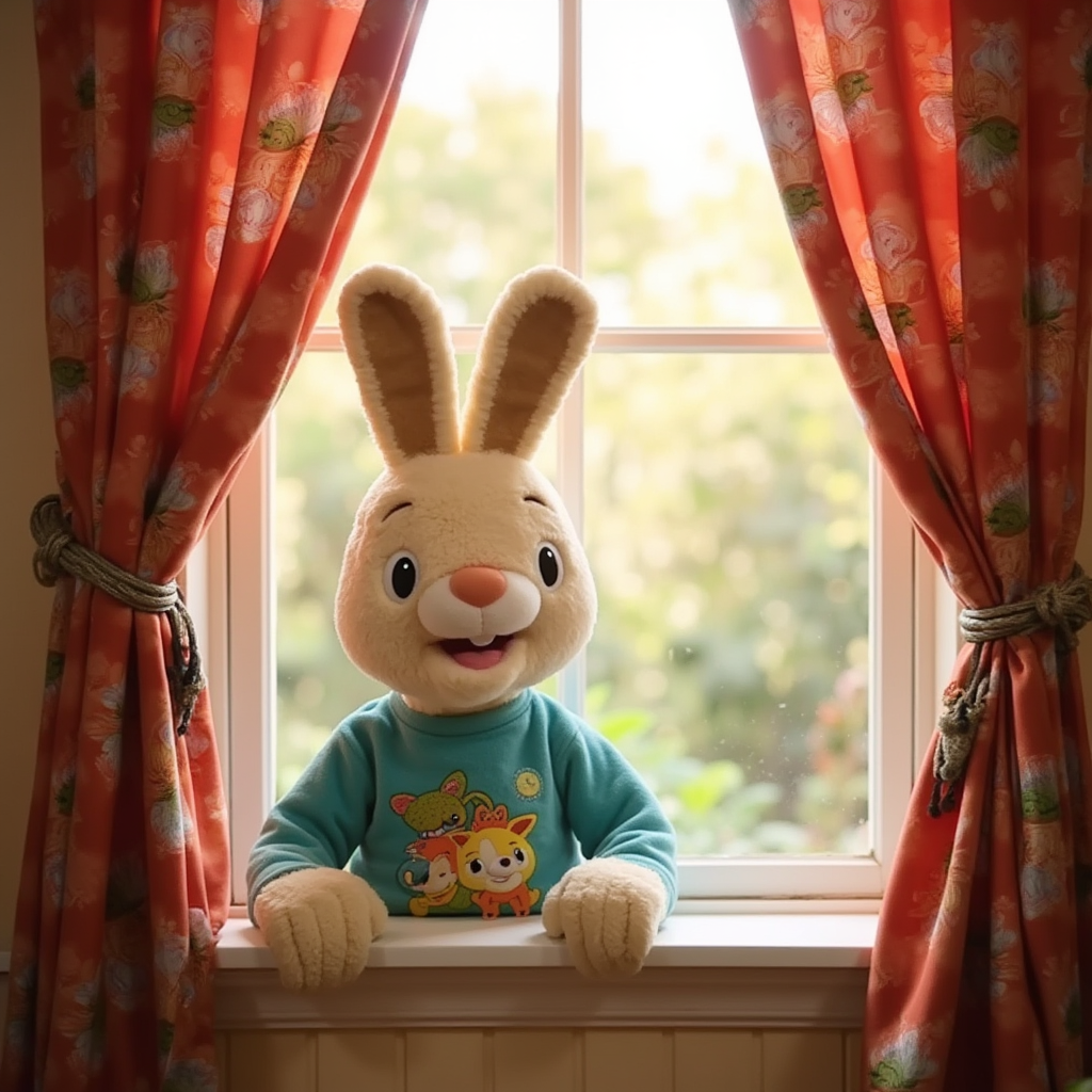 Harry the Bunny is hiding in the curtains on the window