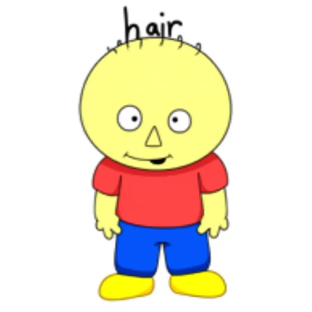 TristanFNF, depicted in a cartoon style. He has a round, yellow face with simple black features and big eyes. Tristan wears a red shirt, blue pants, and yellow shoes.  the word "hair" is written above his head. light yellow skin, black eyes, bald, 