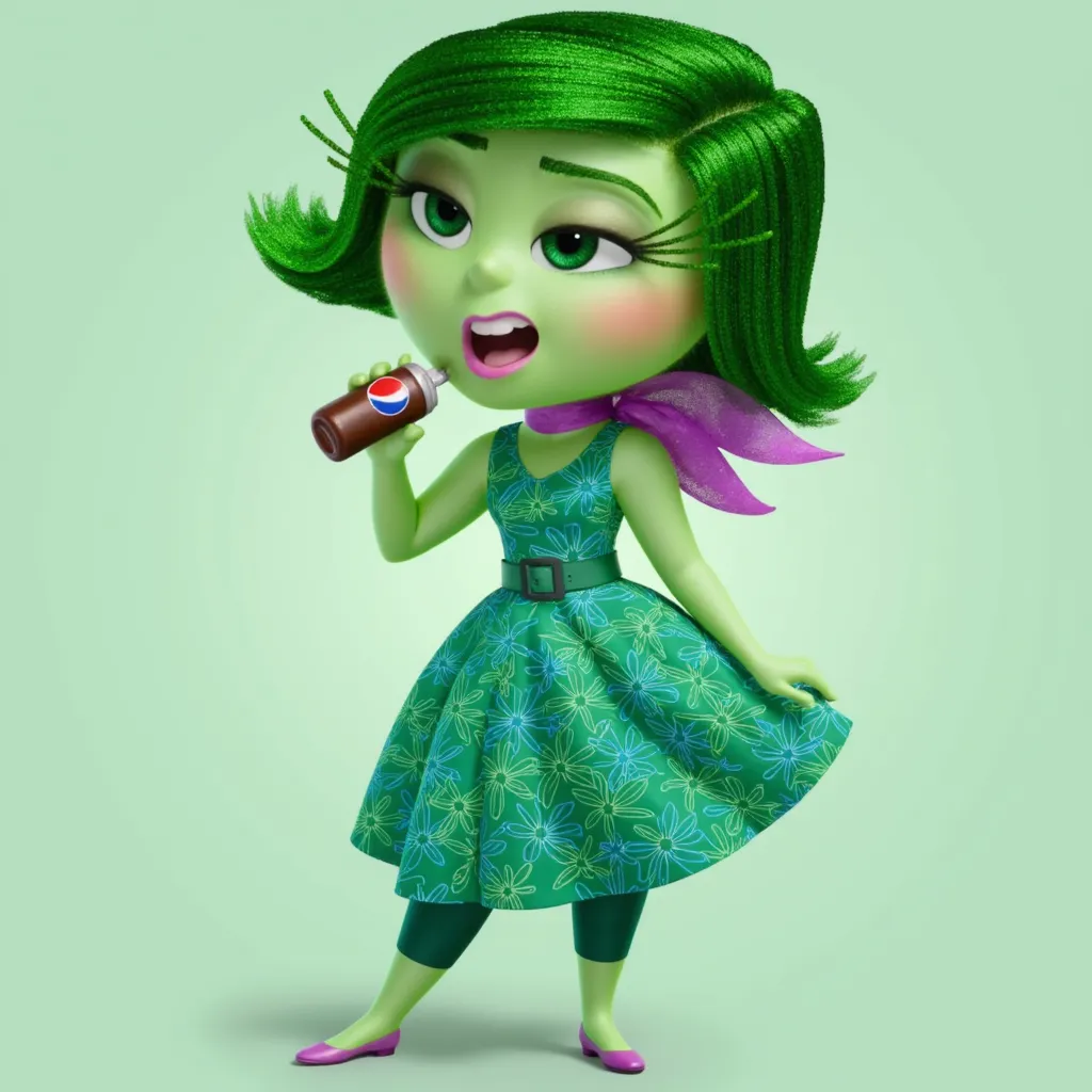 disgustinsideout, fuzzy, light green skin, green hair, pink blush, bucktooth, green eyes, long eyelashes, pink lipstick, emerald green dress with floral pattern and green belt, dark green leggings, purple shoes, purple scarf, drinking pepsi coke