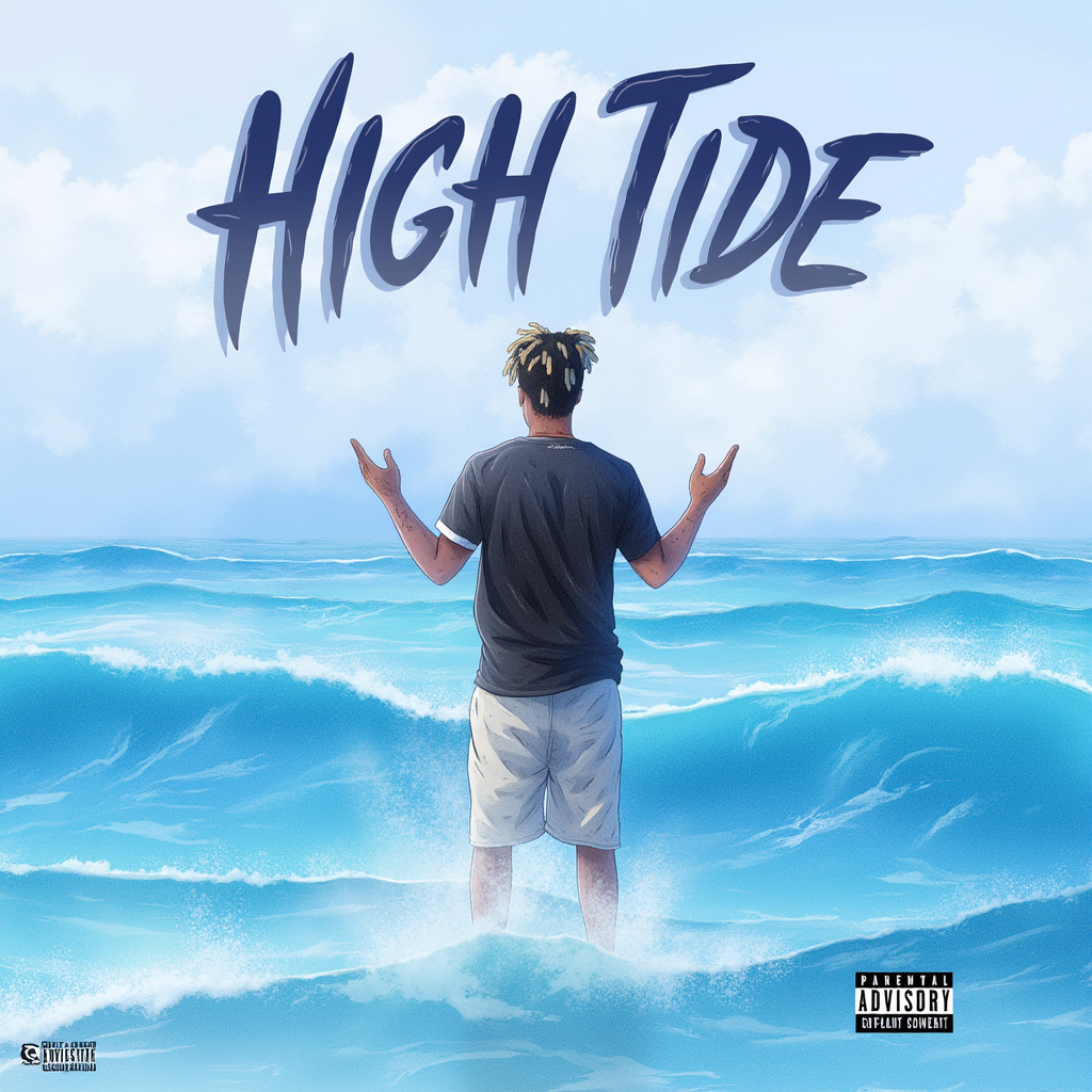 Juice WRLD, album cover, cool, cinematic, juice wrld is  in vacation, the image is very light, the image is very abstract and dreamy, with blue and white colors, there are waves, at the top is a font where stands "High Tide"