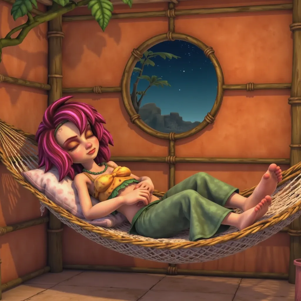 Jeera from Tak and the Power of Juju with pink hair Sleeping with her eyes closed on a hammock. The background is a room with In orange wall, With bamboo frames, And a circle shaped window showing a night sky.
