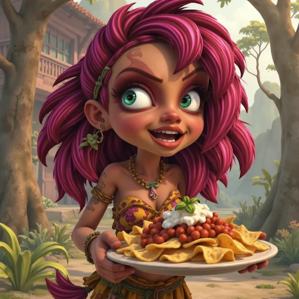 Jeera from Tak and the Power of Juju with pink hair Holding a plate of Nachos