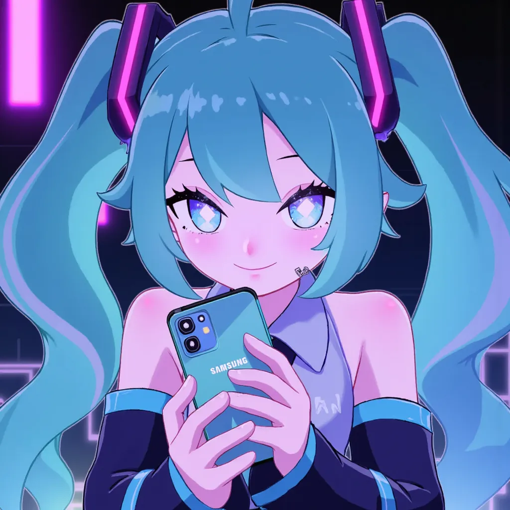 Hatsune Miku with a Samsung-themed art cellphone, digital illustration, futuristic anime style, inspired by Studio Trigger and Hajime Sorayama, soft neon lighting, medium shot, 35mm lens, vibrant holographic colors, intricate details, (cyberpunk:1.2), high resolution, UHD.