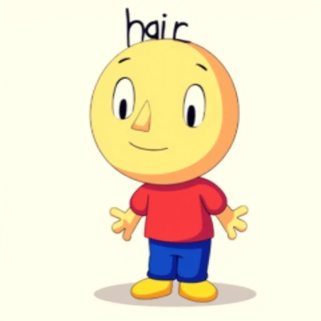 TristanFNF, depicted in a cartoon style. He has a round, yellow face with simple black features and big eyes. Tristan wears a red shirt, blue pants, and yellow shoes.  the word "hair" is written above his head. light yellow skin, black eyes, bald,