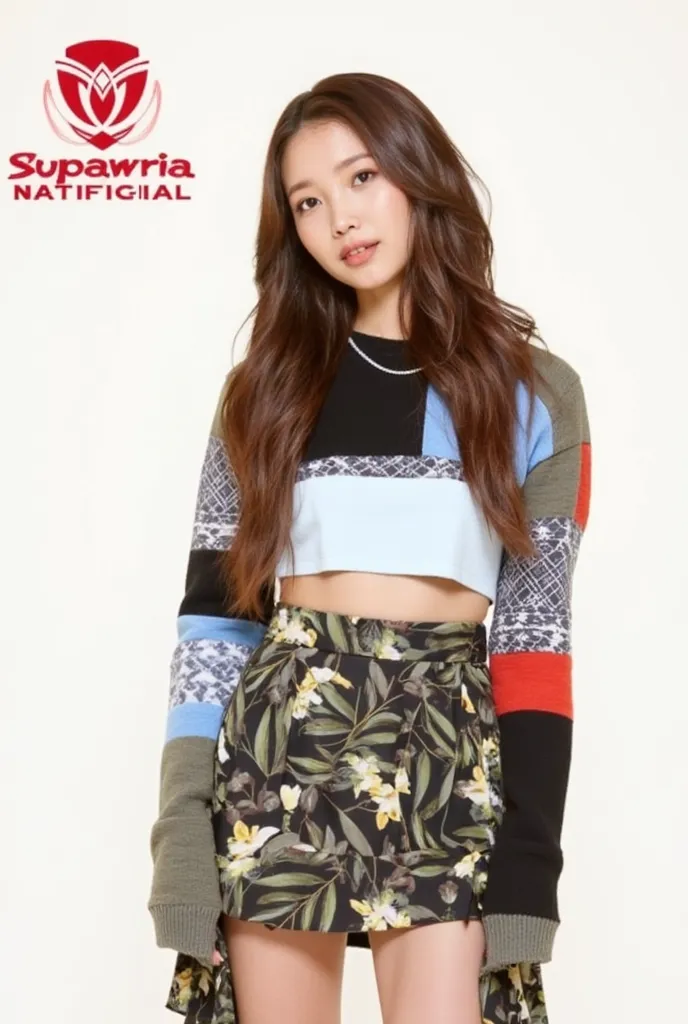 Ela está usando uma saia camuflada verde com um padrão de flor amarela estilizada no centro. A parte superior consiste em um cropped multicolorido, com tons de azul, vermelho, branco, preto e bege, combinando com um cardigã que segue o mesmo padrão de cores. Seu cabelo é castanho longo, ondulado, e está solto, enquadrando suavemente seu rosto sorridente.
